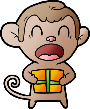 Bağıran maymun bir insan tarafından çizilmiş Noel hediyesini taşıyor.