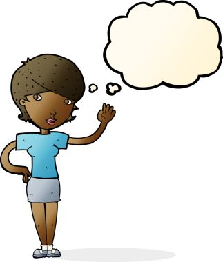 Bir insan tarafından çizilmiş düşünce baloncuğuyla el sallayan çizgi film kadını.