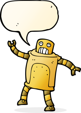 Bir insan tarafından çizilmiş konuşma balonu olan çizgi film robotu.