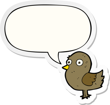 Bir insan tarafından çizilmiş baloncuk çıkartmalı çizgi film kuşu.