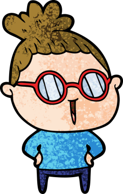 Bir insan tarafından çizilmiş gözlüklü bir karikatür kadın.