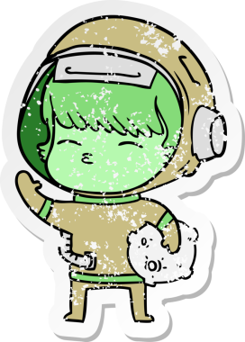 Bir insan tarafından çizilmiş uzay taşını taşıyan karikatür meraklısı astronotun sıkıntılı çıkartması.