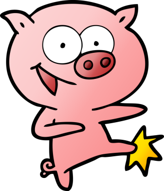 Bir insan tarafından çizilmiş neşeli dans eden domuz çizgi filmi.