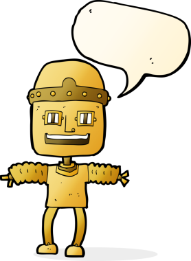 Bir insan tarafından çizilmiş konuşma balonu olan çizgi film robotu.