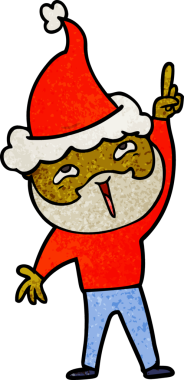 Bir insan tarafından çizilmiş Noel Baba şapkası giyen mutlu sakallı bir adamın el çizimi çizgi filmi.