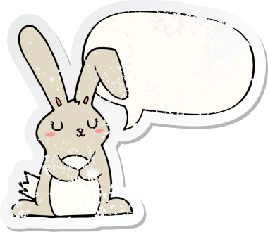 Konuşma baloncuğu olan çizgi film tavşanı bir insan tarafından çizilmiş sıkıntılı eski bir çıkartma