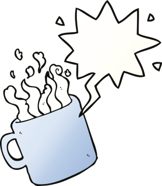 Bir insan tarafından çizilmiş yumuşak eğimli konuşma balonlu sıcak kahve fincanı.