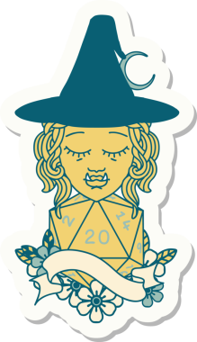 Bir insan tarafından çizilmiş doğal yirmi zarlı yarım ork cadı karakterinin çıkartması.