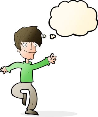 Bir insan tarafından çizilmiş düşünce baloncuğuyla dans eden mutlu adam çizgi filmi.