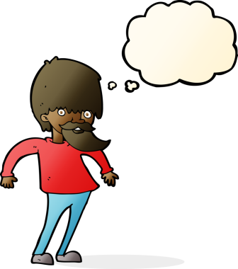 Bir insan tarafından çizilmiş düşünce baloncuğuyla omuzlarını silken sakallı bir adam.