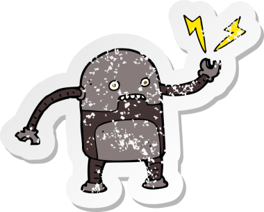 Bir insan tarafından çizilmiş komik bir robot çizgi film çıkartması.