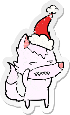 Bir insanın çizdiği Noel Baba şapkasıyla dişlerini gösteren bir kurt resmi.