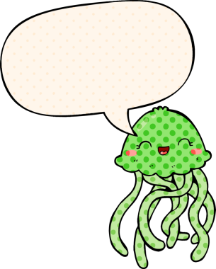 Bir insan tarafından çizilmiş çizgi roman tarzında konuşma balonu olan sevimli denizanası çizgi filmi.