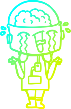 Bir insan tarafından çizilen kafa karışıklığında omuz silken ağlayan bir robot çizgi çizimi.