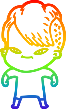 Gökkuşağı gradyan çizimi. Hipster saç kesimi bir insan tarafından çizilmiş şirin bir çizgi film kızı.