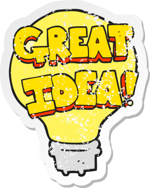 Bir karikatürün gerilimli yapıştırması. Bir insan tarafından çizilmiş harika bir fikir ampul sembolü.