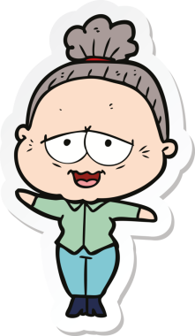 Bir insan tarafından çizilmiş mutlu yaşlı bir kadının çıkartması.