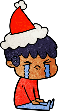 Bir insan tarafından çizilmiş Noel Baba şapkasıyla ağlayan bir çocuğun el çizimi karikatürü.