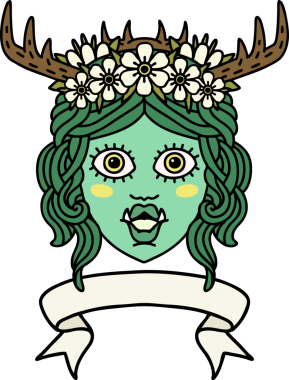 Retro Dövme Biçimli Ork karakteri yüzü bir insan tarafından çizilmiş pankartıyla