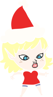 Bir insan tarafından çizilmiş Noel Baba şapkası giyen bir elf kızının güzel düz çizilmiş resmi.