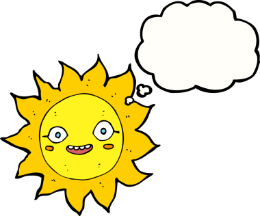 Bir insan tarafından çizilmiş düşünce baloncuklu mutlu güneş çizgi filmi