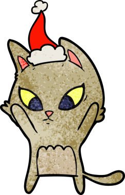 Bir insan tarafından çizilmiş Noel Baba şapkası takan bir kedinin çizilmiş kafası karışmış.