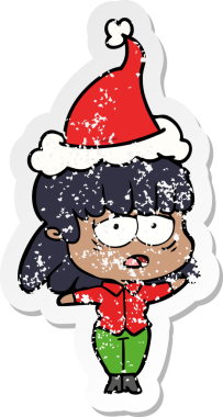 Bir insan tarafından çizilmiş Noel Baba şapkası giymiş yorgun bir kadının el çizimi karikatürü.