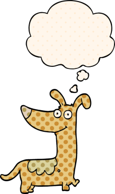 Çizgi roman tarzında bir insan tarafından çizilmiş düşünce balonu olan çizgi film köpeği.