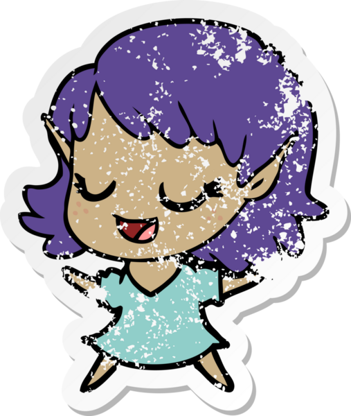 Bir insan tarafından çizilmiş mutlu bir elf kızının sıkıntılı çıkartması.