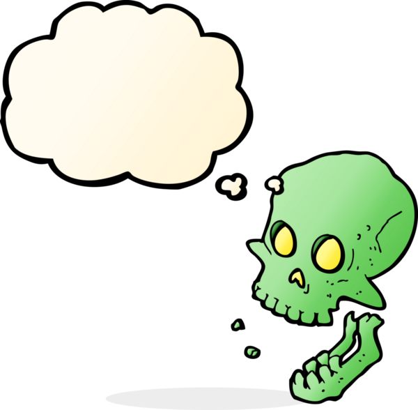 Bir insan tarafından çizilmiş düşünce baloncuklu gülen kafatası.