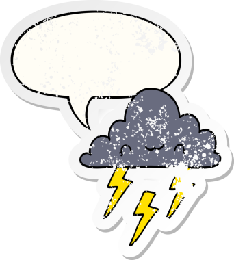 Konuşma baloncuğu olan karikatür fırtına bulutu bir insan tarafından çizilmiş sıkıntılı eski bir çıkartma