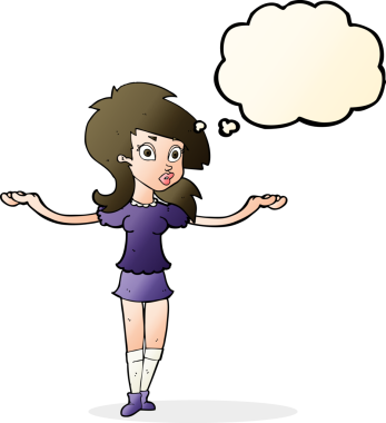 Bir insan tarafından çizilmiş düşünce baloncuğu ile kafası karışmış güzel bir kız.