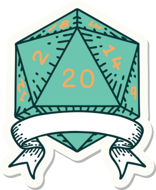 Bir insan tarafından çizilmiş 20 kritik vuruşluk D20 zar etiketi.