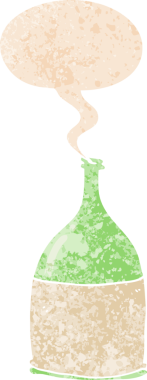 Bir insan tarafından çizilmiş grunge dertli retro tarzı konuşma baloncuklu çizgi film şişesi.