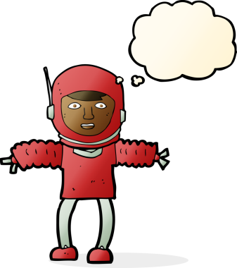 Bir insan tarafından çizilmiş düşünce baloncuklu astronot.