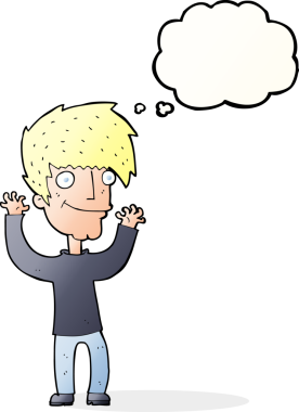 Bir insan tarafından çizilmiş düşünce baloncuğuyla kollarını sallayan çizgi film adamı.