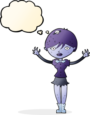 Bir insan tarafından çizilmiş düşünce balonlu vampir kız.