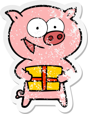 Bir insan tarafından çizilmiş Noel hediyeli neşeli bir domuzun sıkıntılı çıkartması.