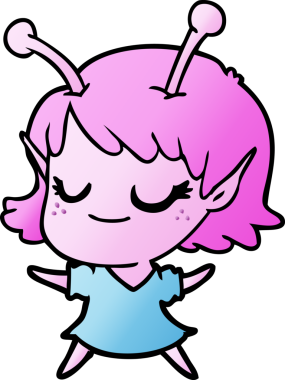 Bir insan tarafından çizilmiş gülümseyen uzaylı kız çizgi filmi.