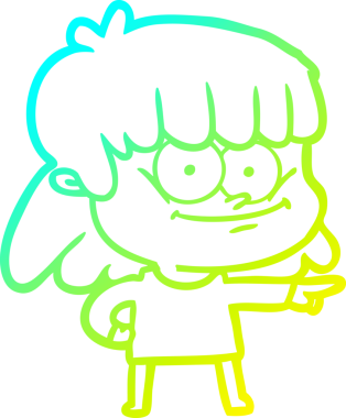 Bir insan tarafından çizilmiş gülümseyen bir çizgi film kızı çizimi.