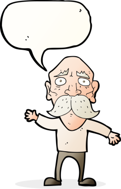 Bir insan tarafından çizilmiş konuşma balonu olan endişeli yaşlı bir adam.