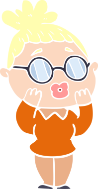 Düz renkli karikatür kadın bir insan tarafından çizilmiş gözlük giyiyor.