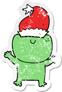 Bir insan tarafından çizilmiş Noel şapkası takan sevimli bir kurbağanın sıkıntılı çıkartması.