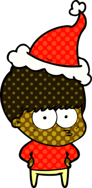 Bir insan tarafından çizilmiş Noel Baba şapkası takan bir çocuğun çizdiği çizgi roman çizimi.