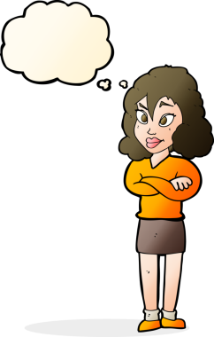 Bir insan tarafından çizilmiş düşünce balonlu çapraz kollu çizgi film kadını.