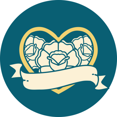 İkonik dövme stili bir kalp ve bir insan tarafından çizilmiş çiçekli pankart.