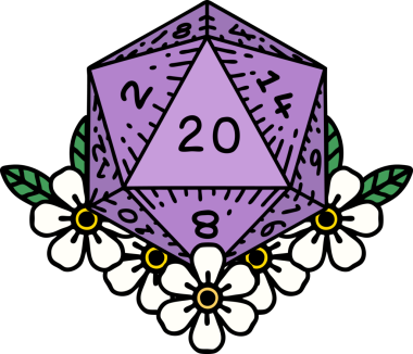 Retro Dövme Biçimi Doğal 20 D20 zar bir insan tarafından çizilmiş çiçek elementleriyle
