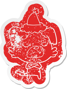 Bir insan tarafından çizilmiş Noel Baba şapkası takan bir köpeğin garip bir karikatürü.