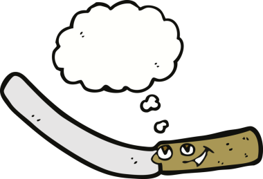 Bir insan tarafından çizilmiş düşünce baloncuklu mutfak bıçağı.