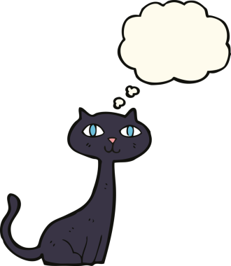 Bir insan tarafından çizilmiş düşünce baloncuklu kara kedi.